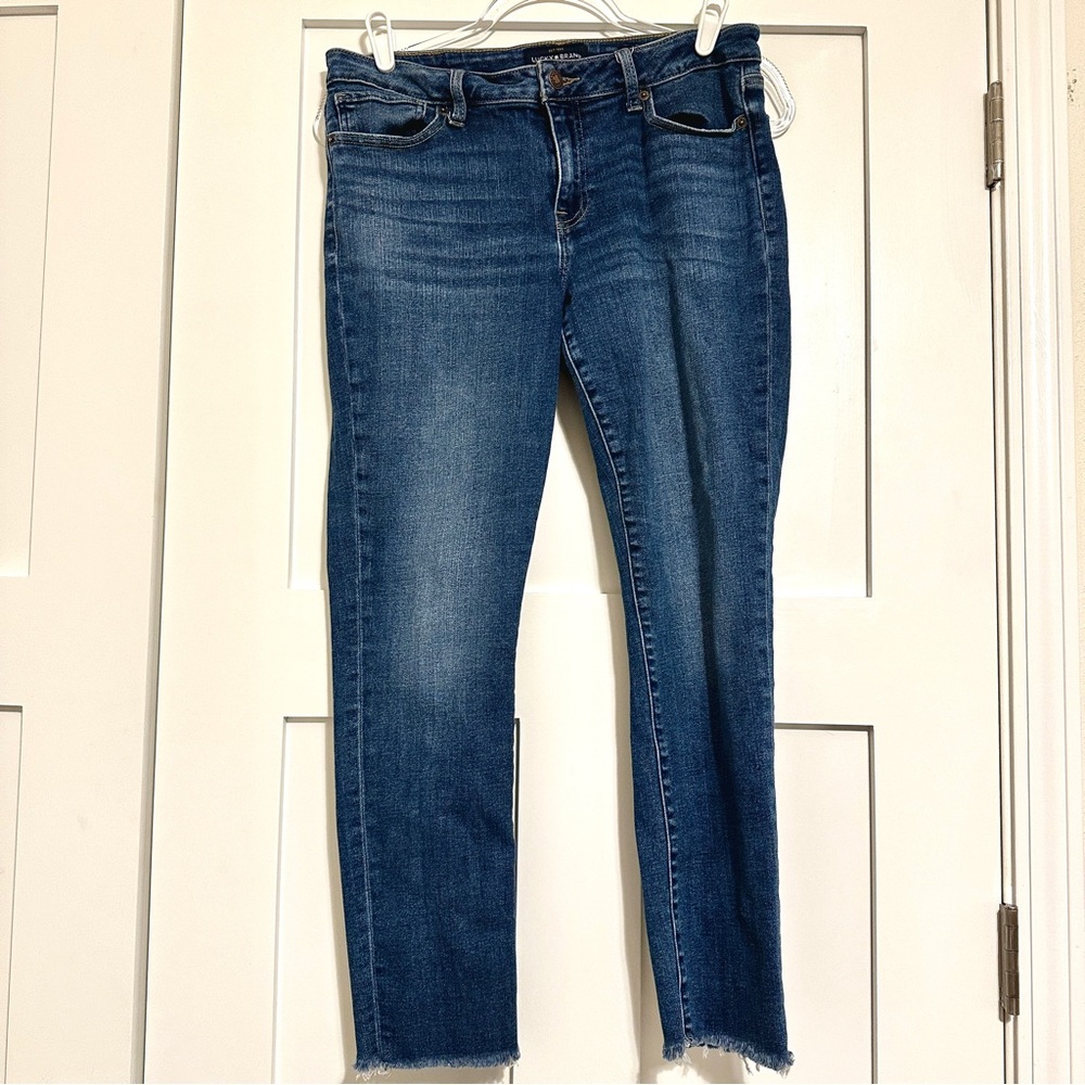 Lucky Brand Women's Skinny Jeans in Medium Dark Blue Wash With Frayed Hem • 12